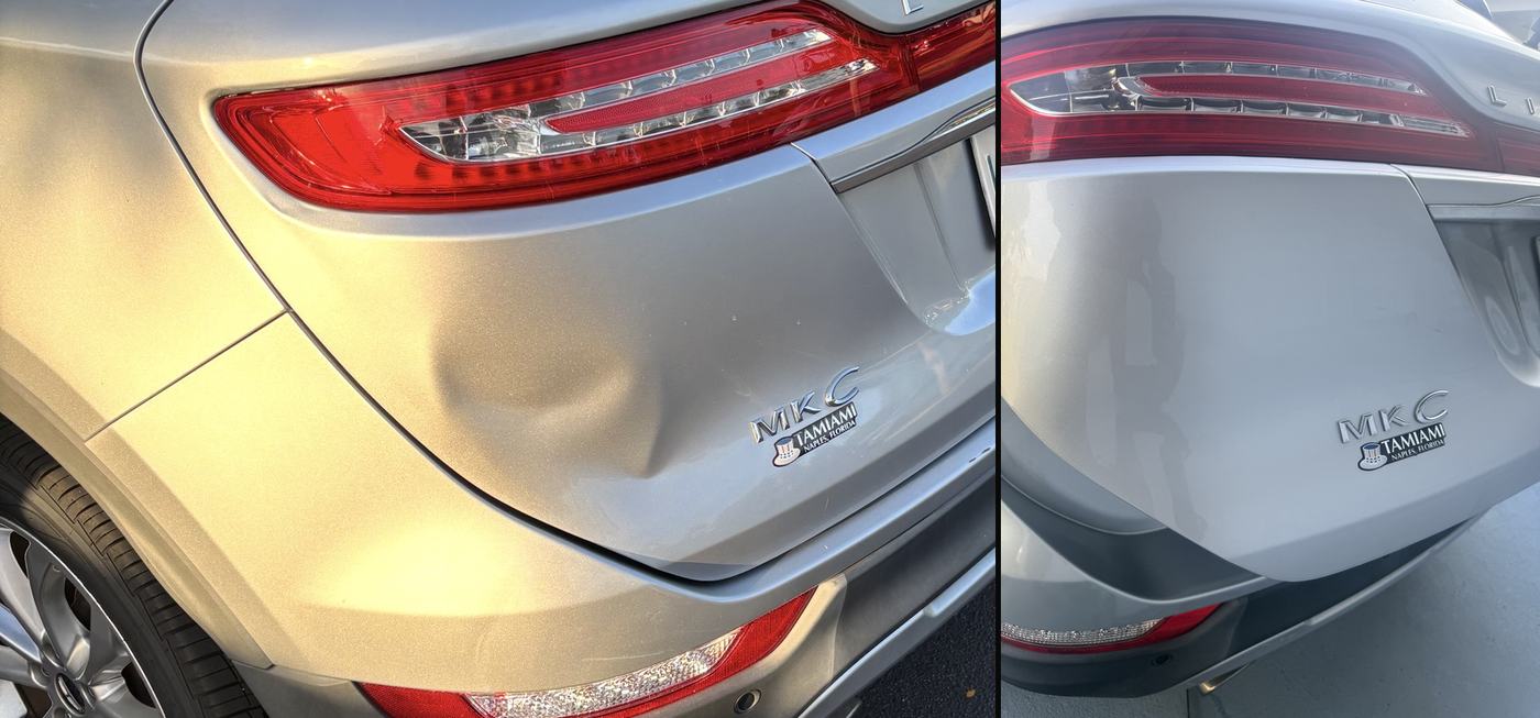 Lincoln MKC hatch crease before and after paintless dent repair in Naples FL