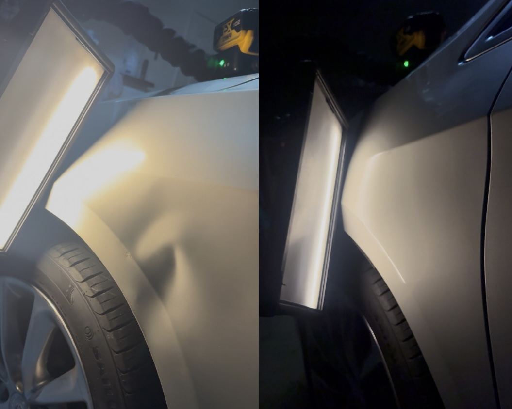 Front fender body dent before and after PDR in Fort Myers FL